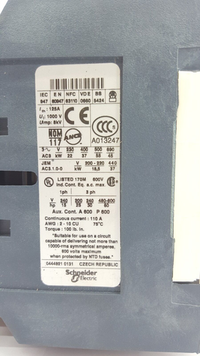 Telemecanique LC1 D806P7 Contacteur 230V 50/60 Hz 125A - Photo 12 sur 21