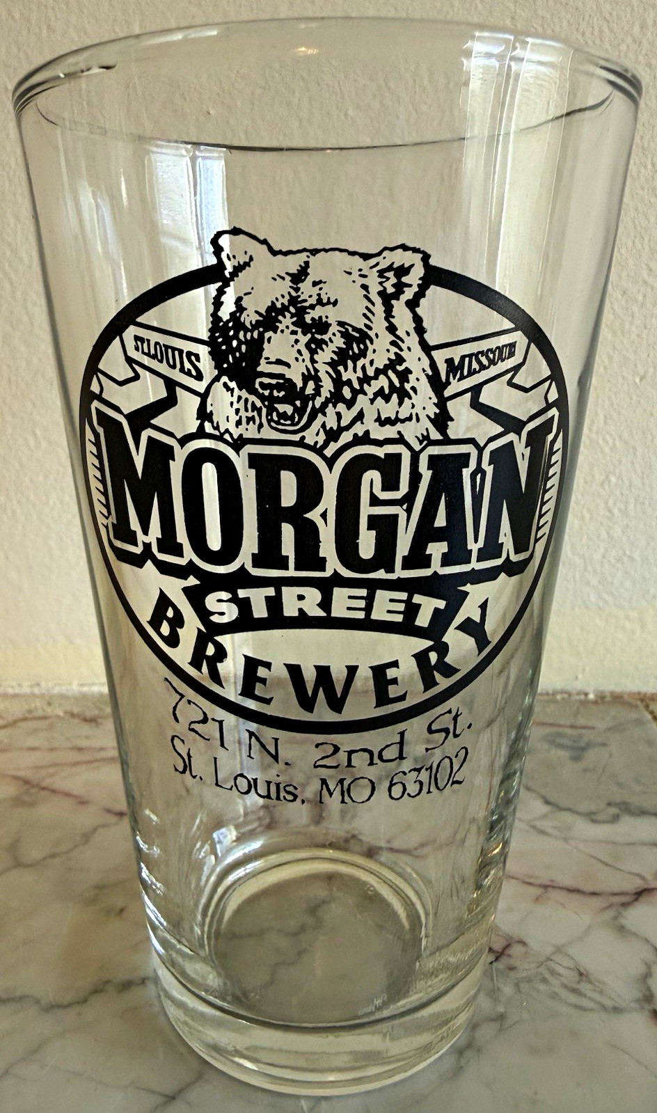 Morgan Street Brewery Pint Beer Glass Bear Logo St. Louis, Missouri Breweriana