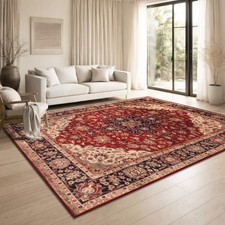 Tapis Salon Oriental Vintage Lavable Poils Courts Antiderapant Rouge Beige Multi