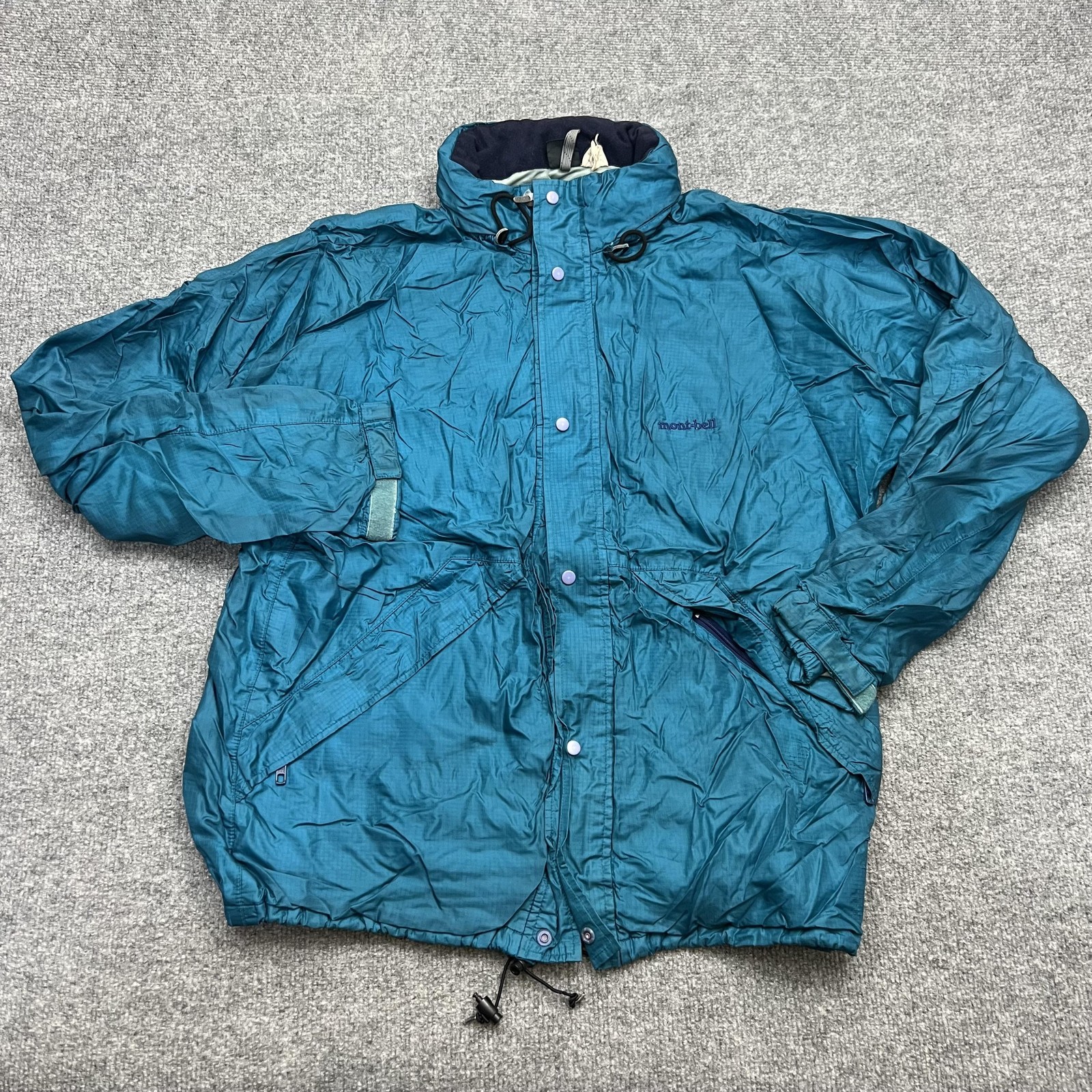 mont-bell Jacket Mens Medium Teal Ripstop Hooded Coated Nylon Rain Shell Japan
