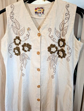 Vintage Eros Emobroidered Front Button  Dress Medium - Cream & Brown