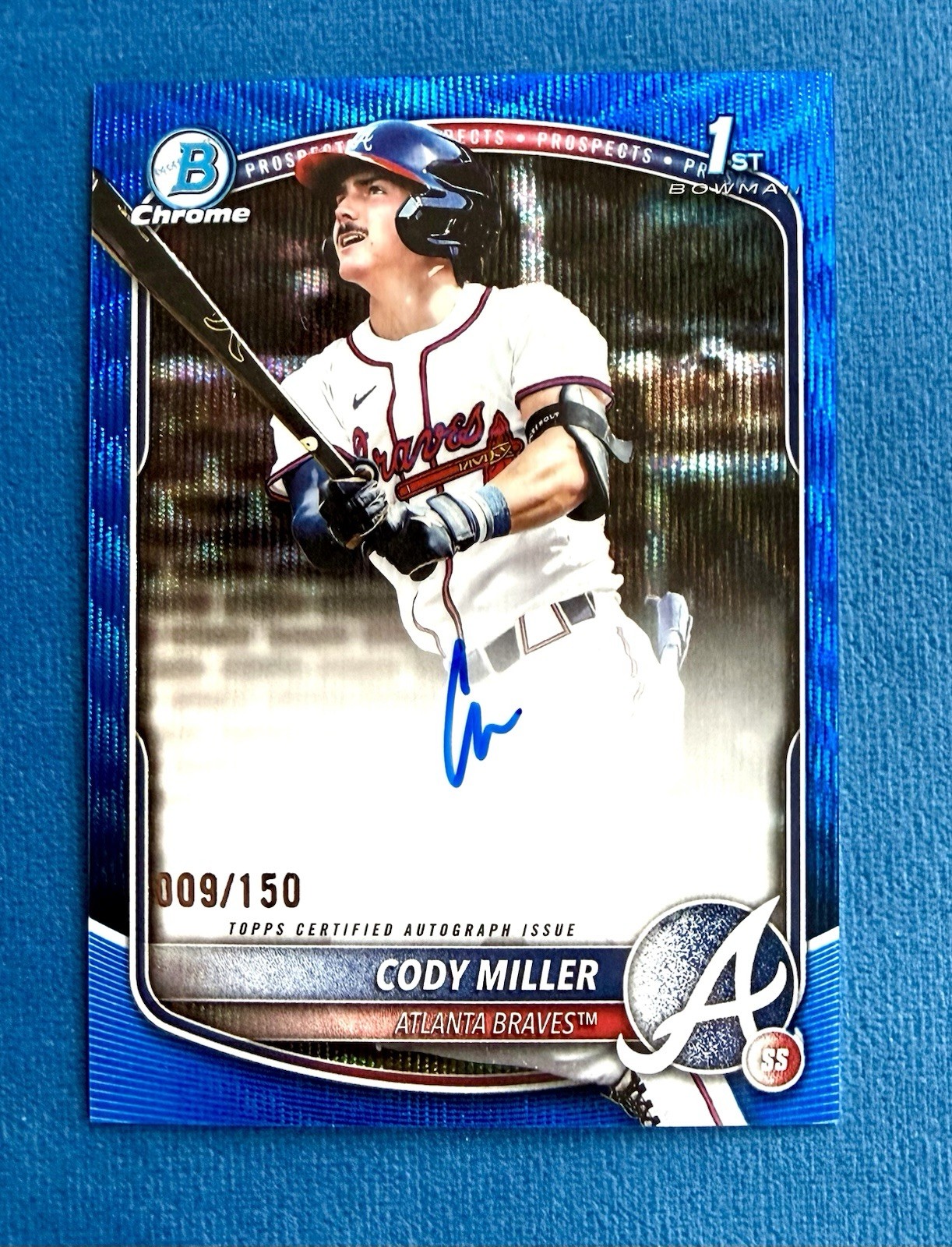 2025 Bowman Draft Cody Miller Chrome 1st Auto /150 Blue Wave Refractor Braves