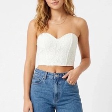 Naked Wardrobe Off White Floral Lace Strapless Sweetheart Bustier Crop Top M