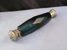 ANTIQUE SILVER AQUA MARINE GREEN GLASS DOUBLE PERFUME SCENT BOTTLE FLACON