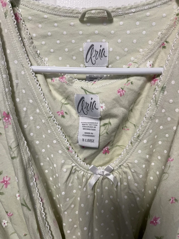 Conjunto de 2 camisones y batas cortas de algodón tejido Aria verde claro/floral talla XL Foto 2 de 4