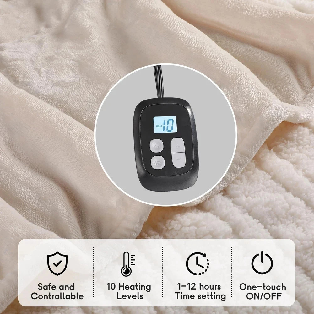 Heated Electric Blanket King Size 90''x100'', Dual Controller Soft Flannel White