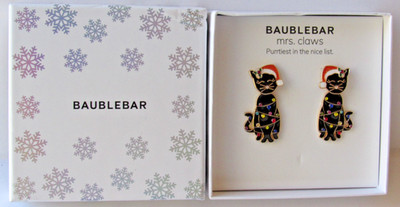 Baublebar Mrs Claws Black Cat w/ Santa Hat Christmas Lights Crystal Earrings NEW