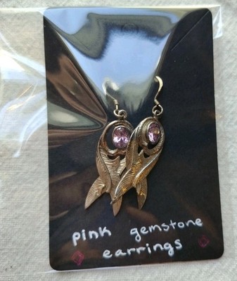 925 Sterling Silver Vintage Pink Gemstone Feather Dangle Earrings South-Western
