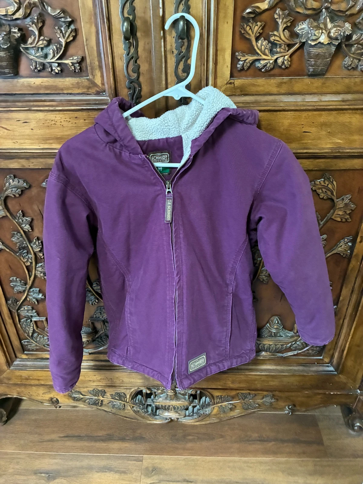 C.E. Schmidt Workwear Youth Jacket Canvas Purple Hood Sherpa Lined Sz M 10-12