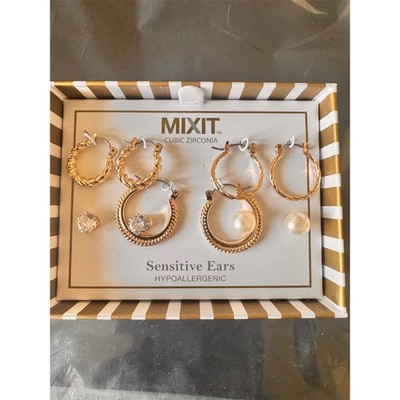 Mixit Hypoallergenic Earring Set Sensitive Ears Gold Hoops CZ & Pearl