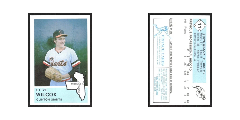 1982 Fritsch Minor League Steve Wilcox Clinton Giants #11.0 - Image 3 of 3
