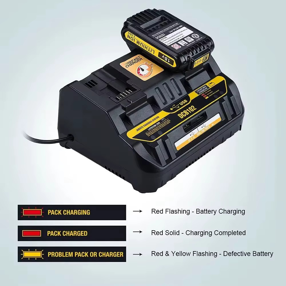 DCB102 고속 충전기, 슬라이딩 포트 2개, 4A, Dewalt 108V, 18V, 20V, 60V 배터리용 5