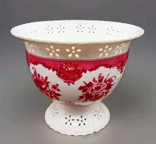 Vtg Victorian Style Filigree Vase Planter Ceramic White Burgundy Red Rose FTD