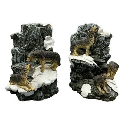 Wolf Pack Howling on Snowy Mountain Rock Bookends Set Rustic Lodge Decor 6.5in