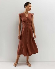 Quince Womens Terracotta Vintage Wash Tencel Button Front Midi Dress XS