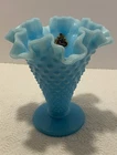 Vtg Hobnail Blue Opalescent Ruffled Edge Vase 5.5” Tall