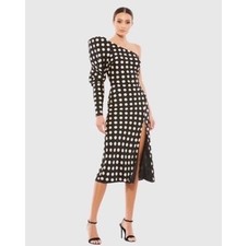 Ieena for Mac Duggal 26651 Polka Dot One Shoulder Midi Dress Black/Cream 10