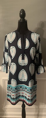 Crown And Ivy bell sleeve navy and teal print dress NWT petite