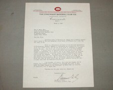 1944 MLB Cincinnati Baseball Club  Warren Giles Vice-President  Signed Letter