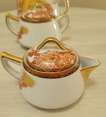 Vtg Kutani Red Peacock Peonies Porcelain 3pc Tea Set Gold Gilt Maroon Japan - Picture 13 of 15