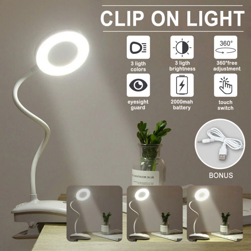 USB Clip On Flexible Clamp LED Reading Light Table Desk Bed