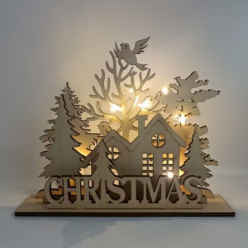 Decorazione Villaggio LED Natale Illumina Scena Legno Bianco Casa Natale Renna - Foto 2 di 3