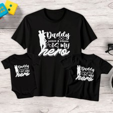 Mens And Kids Daddy Is My Hero Funny Fathers Day T-Shirt Tee Baby Romper #FD