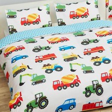 TRUCKS TRANSPORT DOUBLE DUVET COVER SET TRACTORS CARS DIGGERS - 2 IN 1 DESIGN