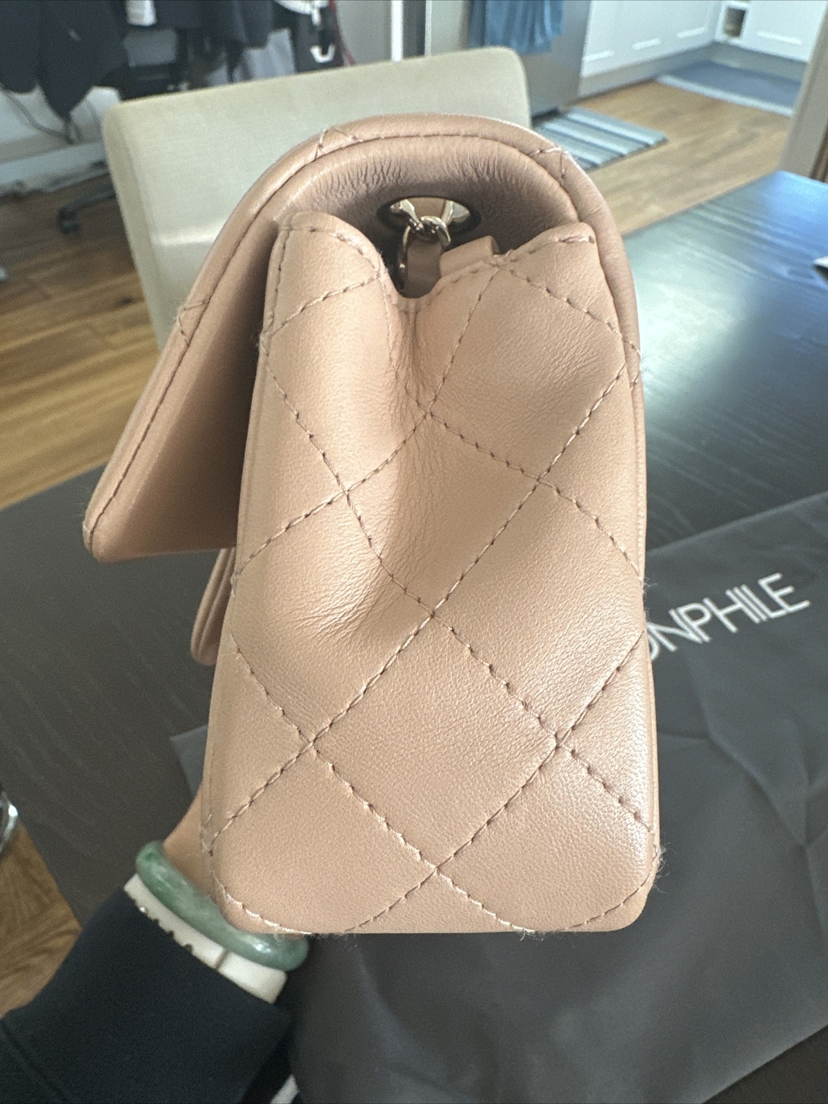 Chanel Lambskin Mini Rectangular Flap Beige Gold … - image 7