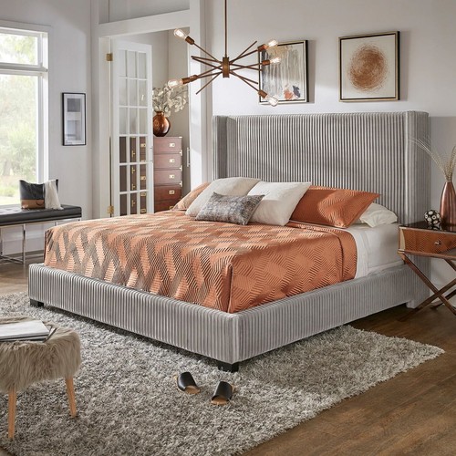 Wingback Bed Frame King Size Headboard Velvet Upholstered Solid Wood Light Grey