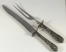 Antique HUMPHREYS England Sterling Silver Repousse Flower CARVING SET Knife Fork