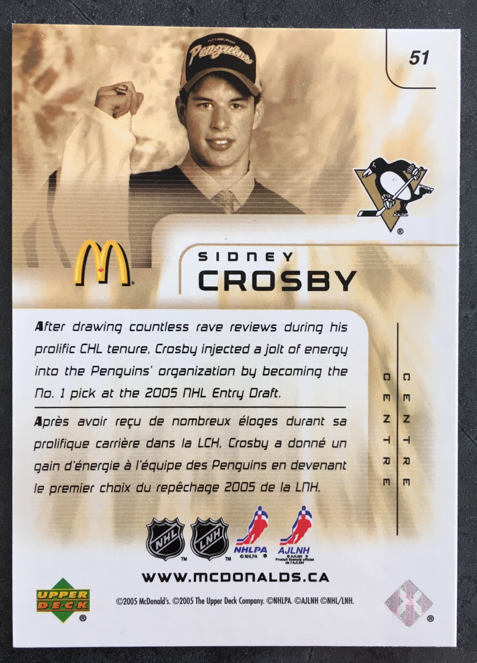 2005-06 UD McDonalds Sidney Crosby Rookie Card RC #51 - Fantastic Condition! - Picture 2 of 2