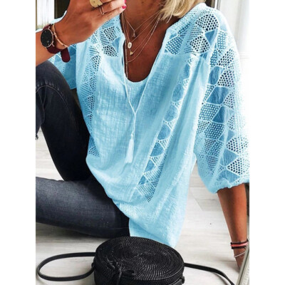 Damen Spitze Freizeit Shirt Baggy Oberteile Sommer Bluse Hemd 3/4 Ärmel Tunika