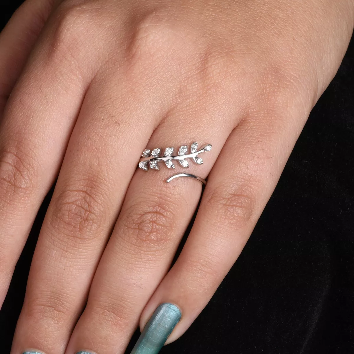 14k White Gold Diamond Olive Leaf Ring Adjustable Vine Ring