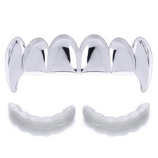 Plain Top Teeth Silver Plated Vampire Fangs Grillz 1 Extra Mold Hip Hop L001 S