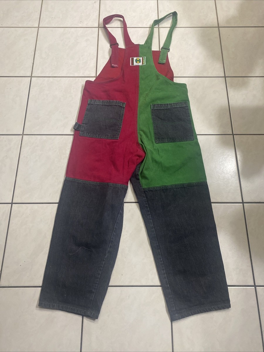 Cross Colours Colorblock Denim Overalls Red Green Black Size 3 90s