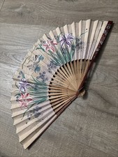 Antique Vintage Hand Painted Fan Paper Temple Floral Folding Bamboo Japanese