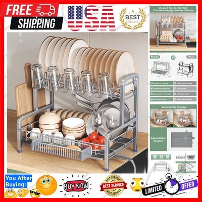 Rustproof 2-Tier Dish Drying Rack with Removable Cutlery Holder - Silver Finish