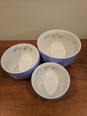 Vintage Hall China Morning Glory Mixing Bowl Set 3 Blue Floral Superior USA