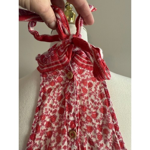 THML Floral Halter Top Red White Sleeveless Pom Pom Trim Tie Back Closure - Picture 6 of 7
