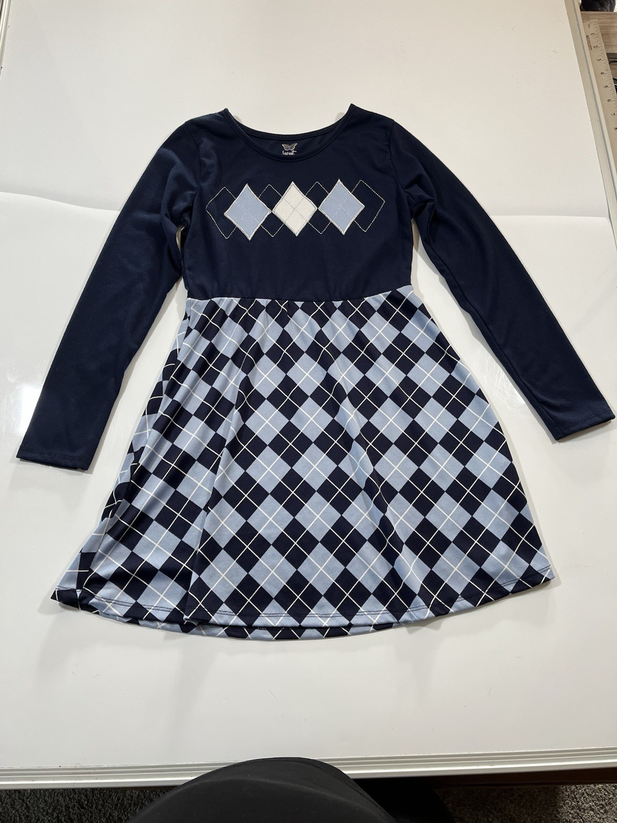 Sweet Butterfly Girls' Navy and Light Blue, Long Sleeve Dress size 10/12