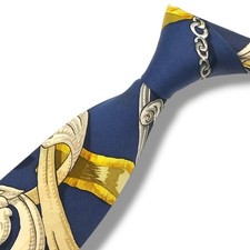 Hermes Vintage Tie Carre Scarf Navy Blue Gold Beige All-Over Pattern Used