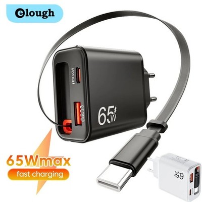 65W USB-C Ladegerät mit einziehbarem Kabel QC 3.0 Schnellladegerät Netzteil