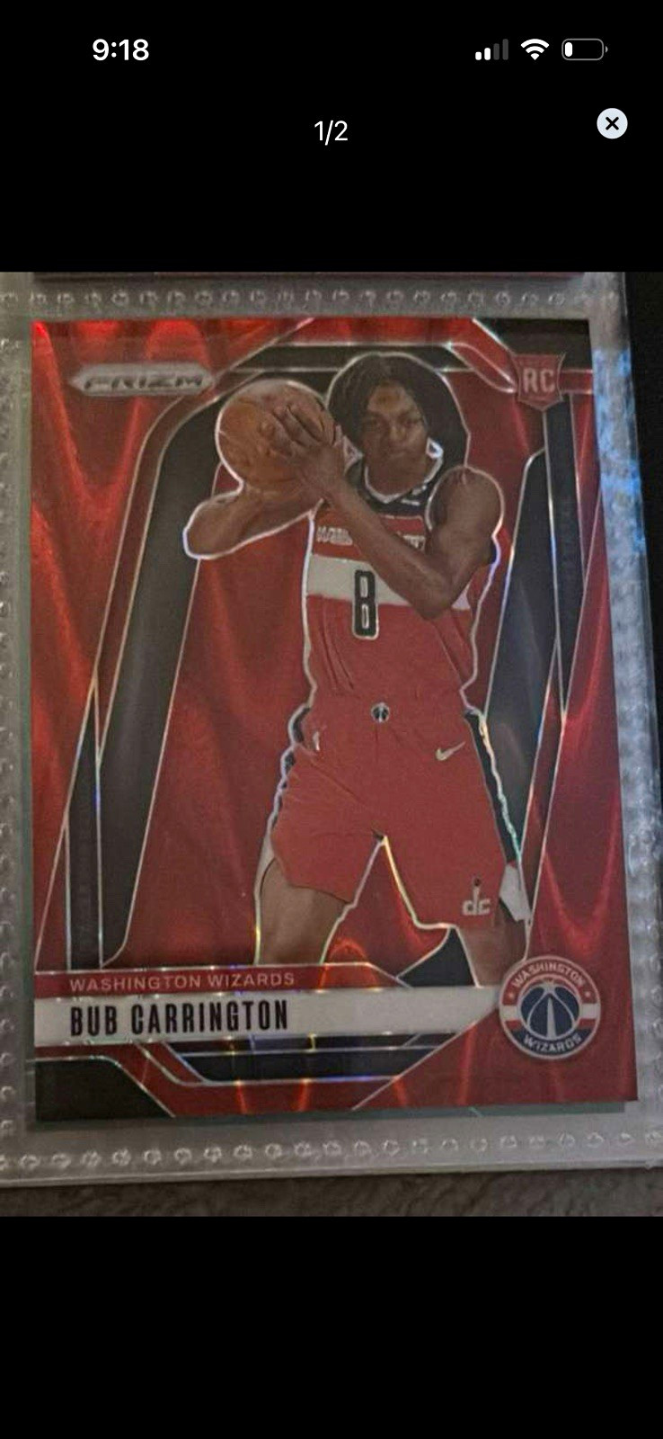 Panini Prizm 2024-25 Bub Carrington RC Red Seismic Prizm /299 Wizards #244