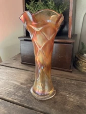 Vintage Carnival Glass Marigold Iridescent 8" Fluted VASE