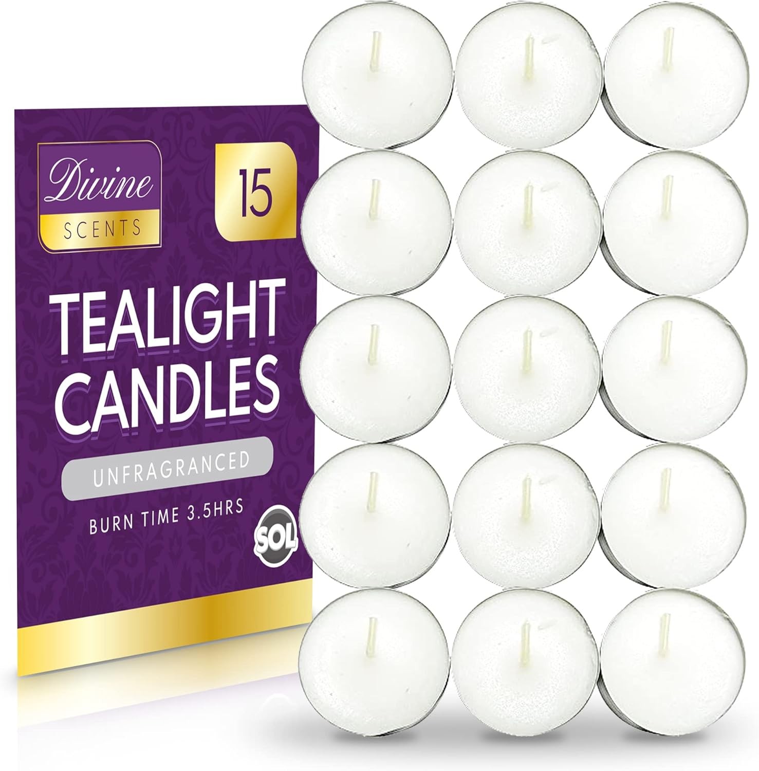 SOL 15pk White Unscented Tea Light Candles Long Burning – 3.5 Hour Burn Time,