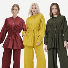 Women Muslim Blouse Top Long Pants Two Piece Set Abaya Islamic Casual Outfits