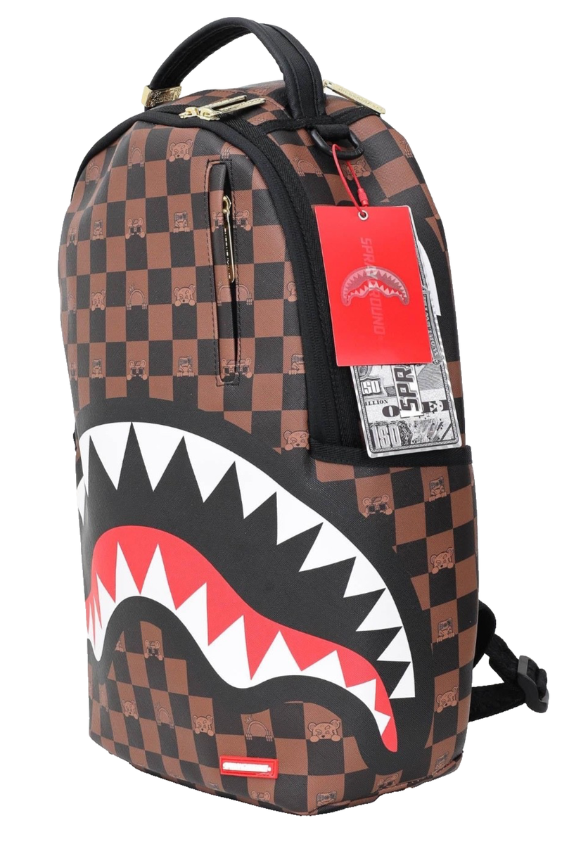 Sprayground Brown Checkered Backpack Sharks In Paris Big Logo