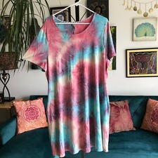 HONEYME sz XXL Pink Blue & Yellow Stretch Jersey Tie Dye Swingy A-Line Dress