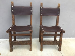 Details About Set Of 2 Vintage Spanish Revival Colonial Leather Carved Wood Chairs